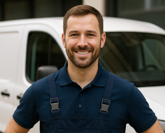Empresa multiservicios en Barcelona Hombre sonriente con uniforme frente a furgoneta blanca